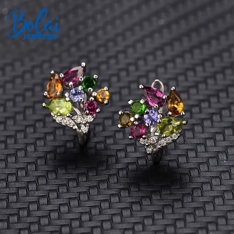 

Bolai 100% natural tourmaline clasp stud earrings 925 sterling silver multi color gemstone floral luxury jewelry for women 2019