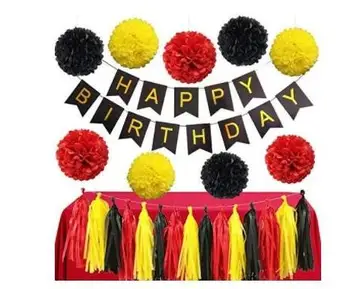 

Yellow Black Red Mickey Mouse Happy Birthday Party Decoration Set - Happy Birthday Banner, Tissue Paper Pom Pom, Tassel Garland