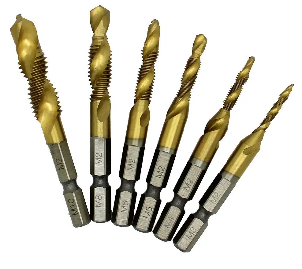 

6pc Titanium M2 Hex Shank Hand Tap HSS Screw Spiral Thread Metric Plug Drill Bit M3 M4 M5 M6 M8 M10 fit Metal Steel