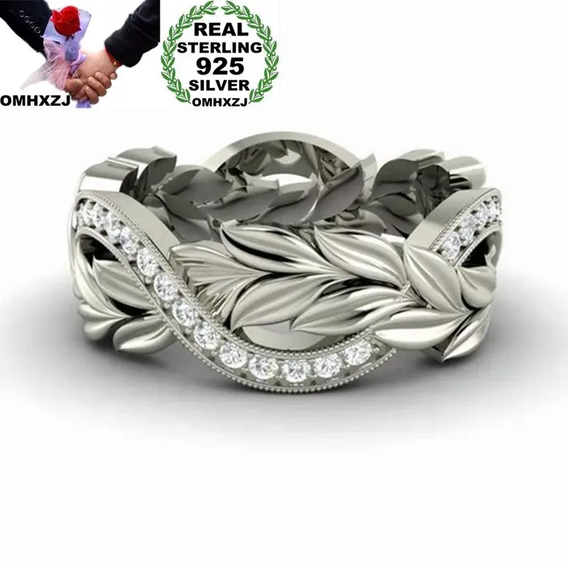 

OMHXZJ Wholesale European Fashion Woman Man Party Wedding Gift Leaves Silver White AAA Zircon 925 Sterling Silver Ring RR124