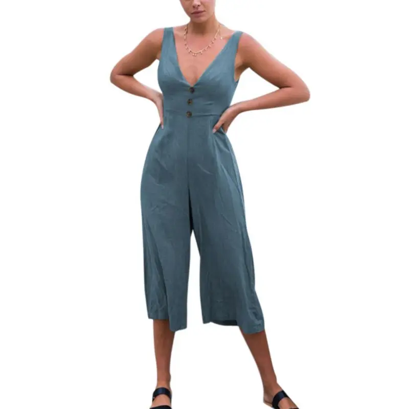 Women's Sexy V Neck Spaghetti Strap Jumpsuit Sleeveless Backless Wide