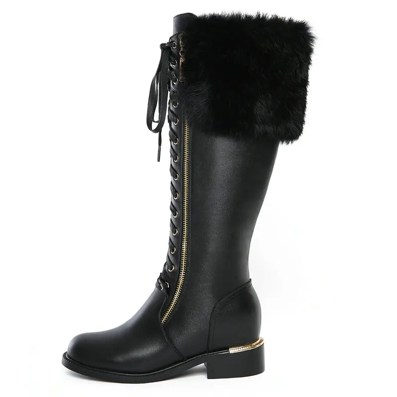Зимние сапоги с натуральным лисьим мехом; коллекция года; зимняя обувь; сапоги до колена; женская теплая обувь из натуральной кожи; Большой размер 42 - Цвет: Черный