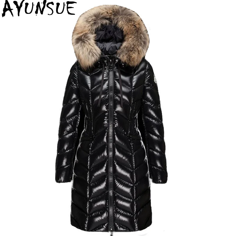 Koop Winter vrouwen Donsjack 90% Witte Eendendons Jas Hooded Lange Warme Puffer Jacket 2019 Hoge Kwaliteit Moncler Femme hiver KJ2596