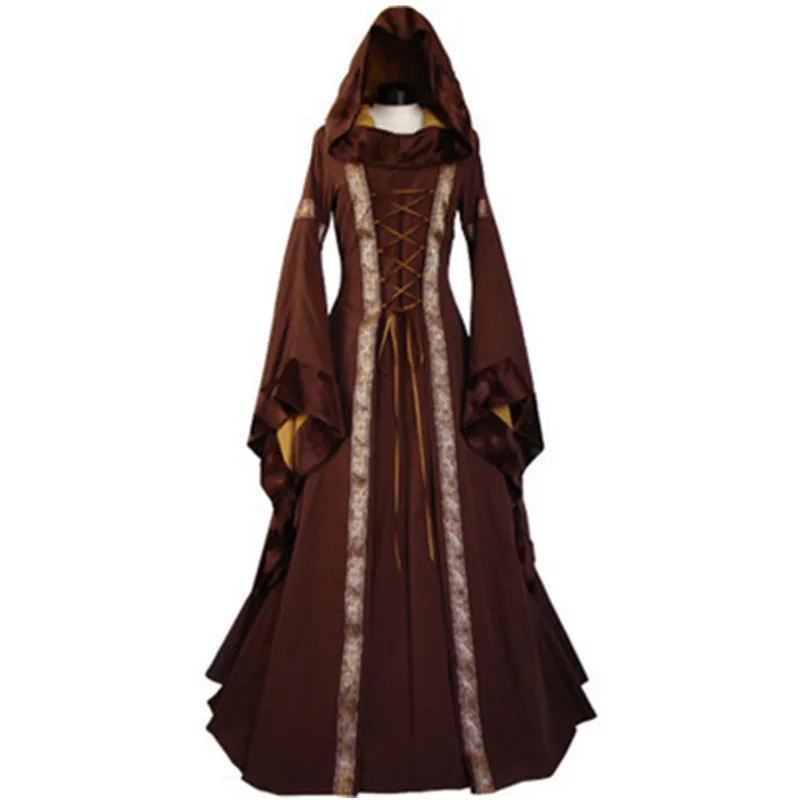 Беременности и родам Хеллоуин костюм Беременность Косплэй платья в средневековом стиле ренессанс пирата Boho элегантное платье в викторианском стиле с капюшоном на повязке - Цвет: Brown