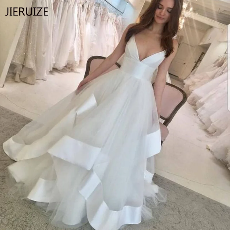 

JIERUIZE White Tulle Satin Wedding Dresses Deep V-neck Backless Bride Dresses Sexy Wedding Gowns robe de mariee