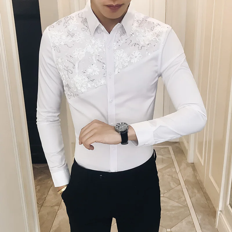 

2019 Spring Shirt Men Sexy Lace Patchwork Men Shirt Long Sleeve Brand New Camisa Masculina Slim Fit Streetwear Prom Tuxedo 3XL