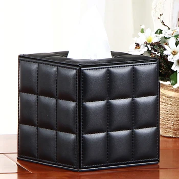 

Square Cube Tissue Box Cover Stylish PU Leather Wooden Struct Home Decor Office Car Tissue Storage Case Paper Dispenser Holder