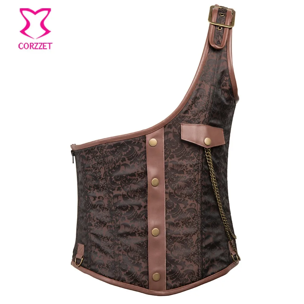 Brown One Shoulder Zipper Steel Boned Corset Steampunk Waistcoat Mens Vintage Jacket Gothic