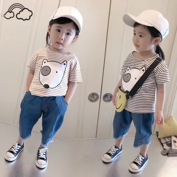 

2018 Spring Summer New Baby Girl Clothing Set Kids Girls Striped T Shirt+Jeans 2pcs Suit Girl Sets Fashion Harem Jeans Shorts