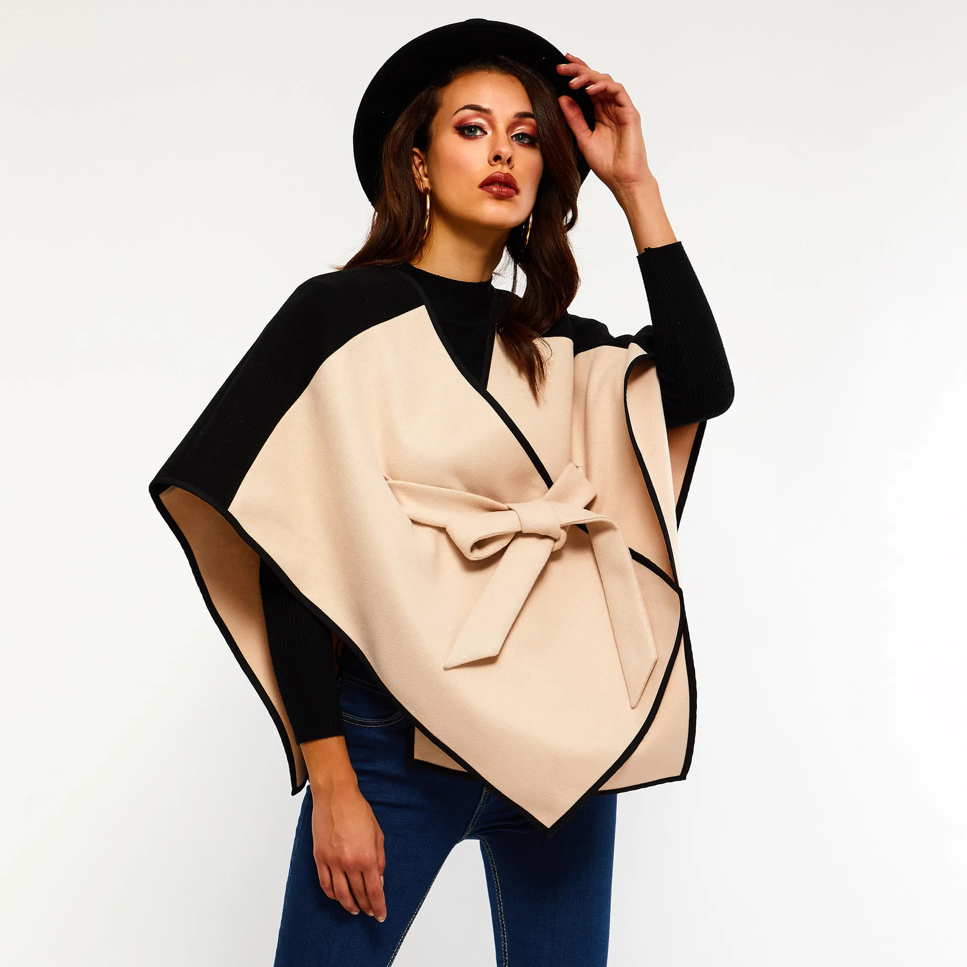 

Yefa 2019 Autumn Cloak Poncho Women Coat New Khaki Black Patchwork Woolen Overcoat with Belt Female Loose Warm Cape Coat Winter