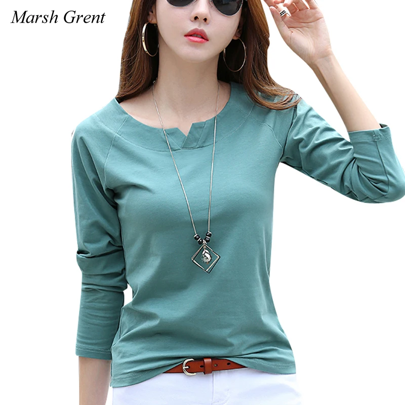 

Cotton Long Sleeve Women T shirt Korean Style V Neck Pure Color Basic Female Tops tees