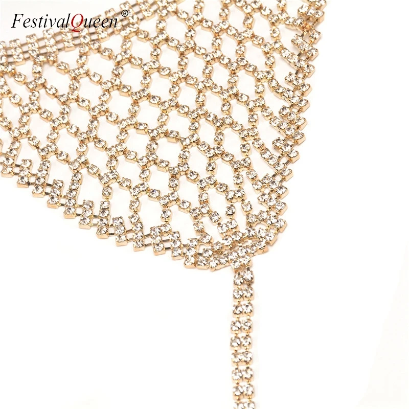 FestivalQueen luxury hollow out diamond bra set women sexy halter chain transparent wire free unlined underwear rhinestone bra