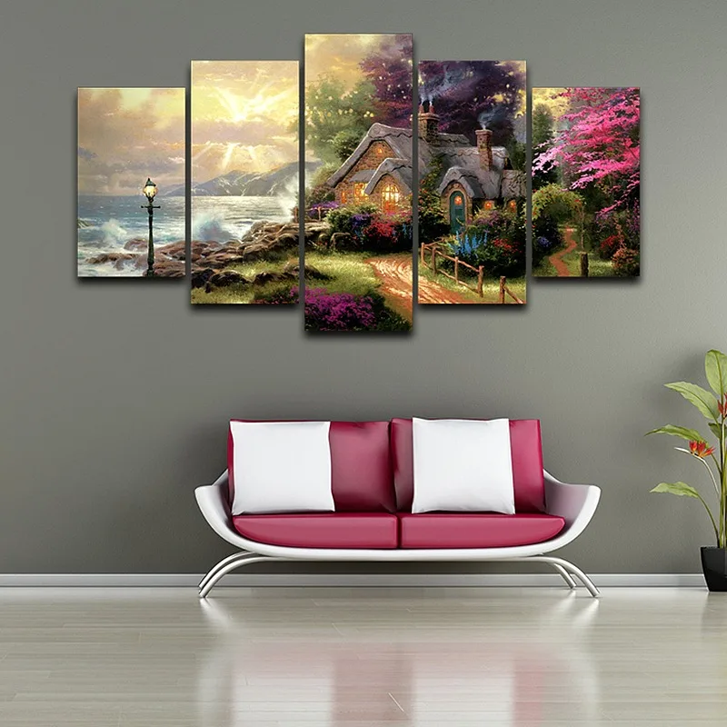 Модульная Картина на холсте, Современная рамка для декора гостиной, 5 панелей, на морском пляже, классическая картина маслом, HD принт PENGDA