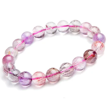 

10mm Natural Super Seven Purple Rutilated Quartz Crystal Round Bead Bracelet Women Femme Charm Stretch Bracelet Melody Stone