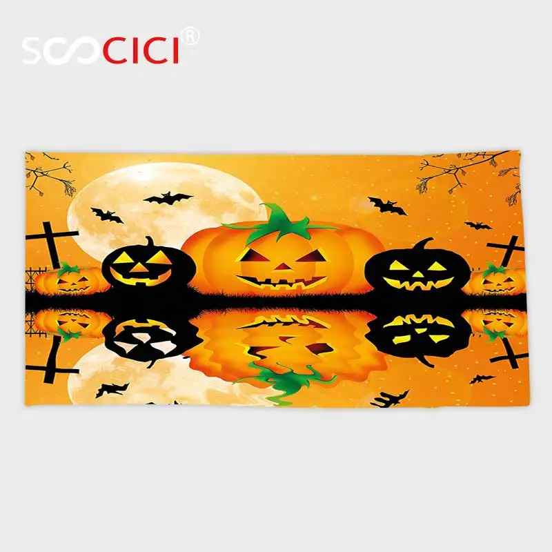 Custom Microfiber Ultra Soft Bath/hand Towel Halloween Decorations Spooky Carved Pumpkin Decor Full Moon with Bats | Дом и сад