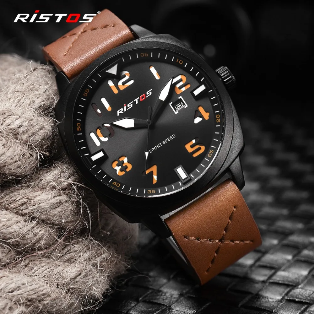 RISTOS Мужские кварцевые аналоговые часы в армейском стиле кожаные Reloj Masculino Hombre