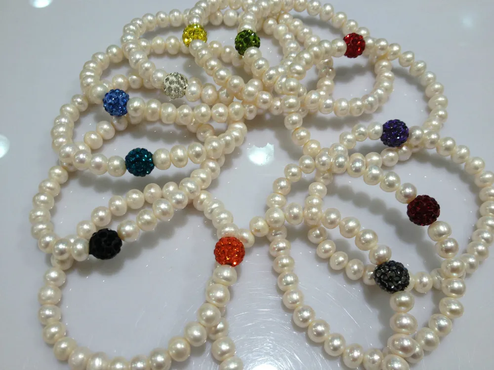 7 8MM Natural Freshwater Pearl Bracelets With Disco Ball Real Pearls