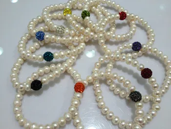 

7-8MM Natural Freshwater Pearl Bracelets With Disco Ball Real Pearls Stretch Bracelet Trendy Fashion Jewelry Free Shipping