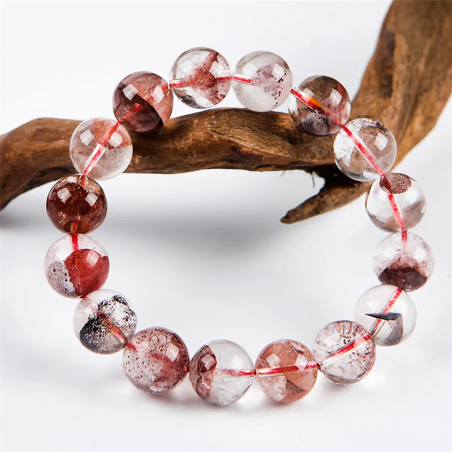 

13mm 100% Genuine Red Natural Phantom Quartz Bracelets Women Men Stretch Clear Round Crystal Phantom Quartz Round Bead Bracelets