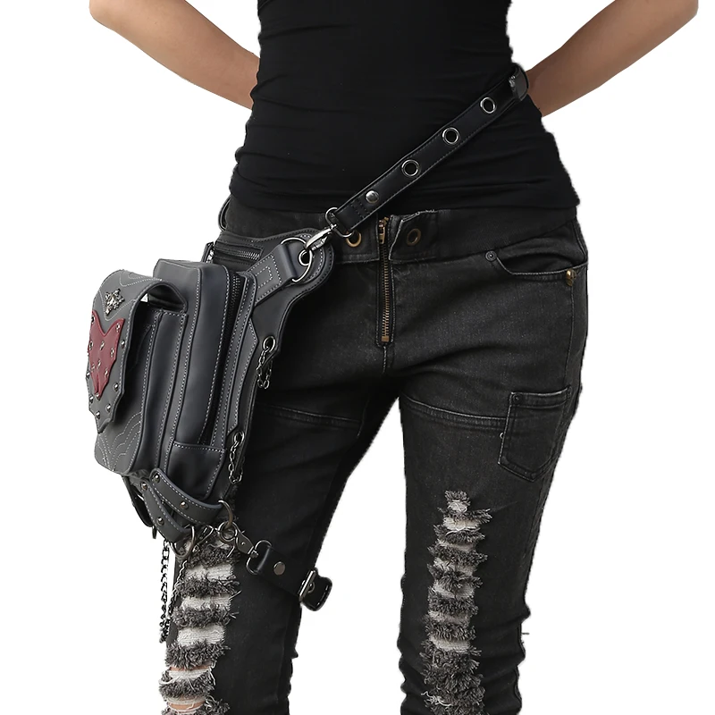 Steampunk Cool Men Retro Rock Waist Bags Belts Fashion Gothic Bags Wings Chain Black Leather Shoulder Bags With Zipper Pockets
