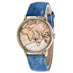 Модные Повседневное женские часы Самолет карта путешествия Кварцевые наручные часы джинсовая лента Часы Для мужчин Мужская часы наручные