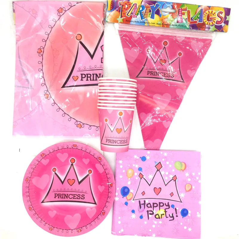 

Happy Birthday Party 51Pc\Lot Princess Crown Flags Plates Kids Favors Cups Paper Napkins Baby Shower Decoration Supplies