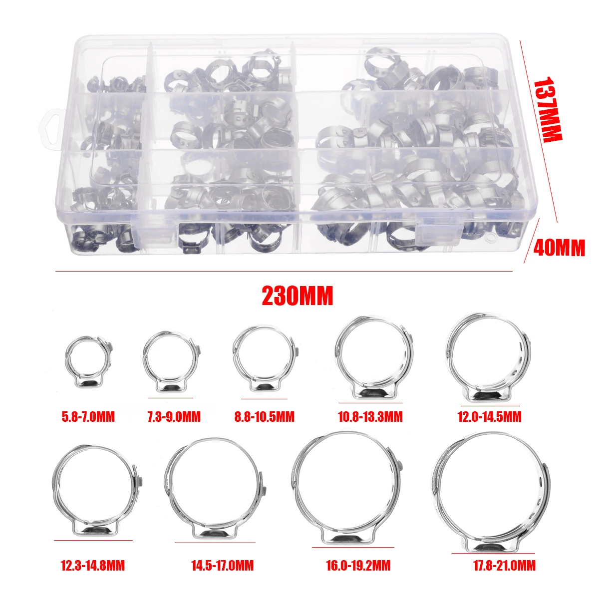

New 180pcs 5.8-21mm Stainless Steel Adjustable Ear Hose Clamps Hose Clamps for Car Hose Home Appliance Line Machinery Equipment