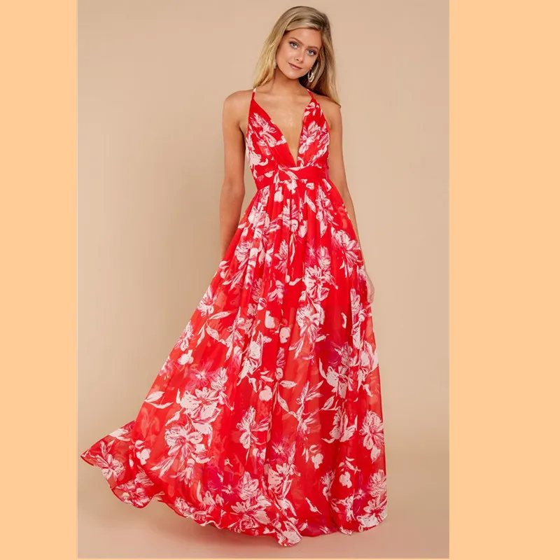 

Summer new fashion fashion strap female dress V-neck casual loose female dress wide leg print chiffon high waist ladies dress