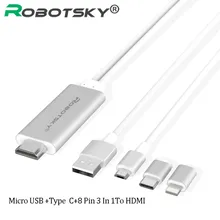 Robotsky For iPhone To HDMI Cable 3 in 1 Micro USB Type C 8 Pin To HDMI Cabo For iPhone 5 6 Pad Air To TV Projector HD AV Cables