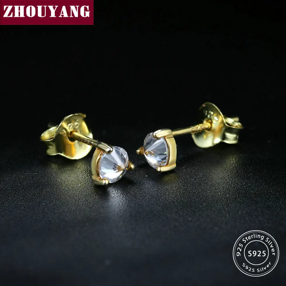 

ZHOUYANG Simple Gold Color 4mm Cubic Zirconia 925 Sterling Silver Stud Earrings S925 Fashion Jewelry for Women Man EY145