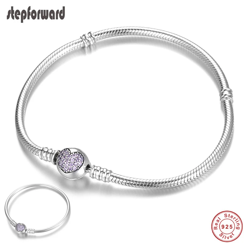 

STEP FORWARD Real 925 Sterling Silver Valentine's Day Gift Purple Heart Clasp Chain 14-22cm Basic Snake Bracelet Original Design