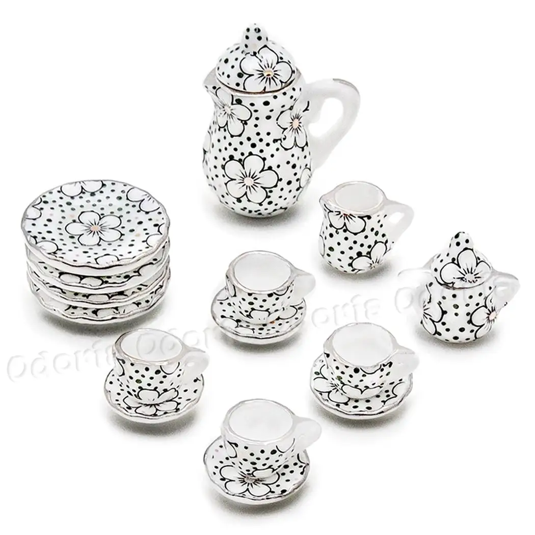 Odoria 1:12, миниатюрный набор фарфоровых чайных чашек 15 шт., чайный набор, чайный набор с цветами, посуда для кухни, кукольный домик(14 узоров на ваш выбор