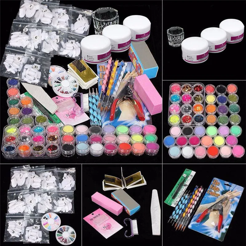 

High Quality 37 In 1 Nails Set Professional Acrylic Glitter Color Powder French Nail Art Deco Tips Set Nails Art sets for women