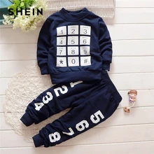 SHEIN Kiddie, темно-синий топ с геометрическими буквами и штаны для маленьких мальчиков детская одежда из двух предметов г. Весенний повседневный костюм с длинными рукавами