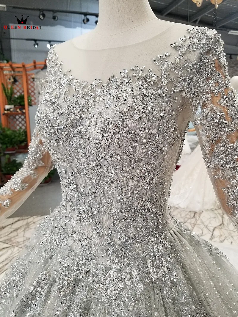 Luxury Gray Vintage Ball Gown Evening Dresses Long Sleeve Crystal Beaded Lace 100% Real Photo Robe De Soiree Party Dress DW05