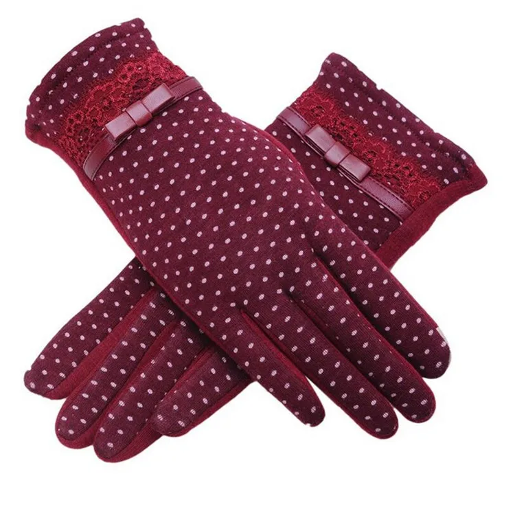 YRRETY New Winter Women Fashion Gloves Autumn Elegant Lace Splice Warm Mitts Full Finger Mittens Cashmere Female Wrist Gloves - Цвет: G126 013A Red