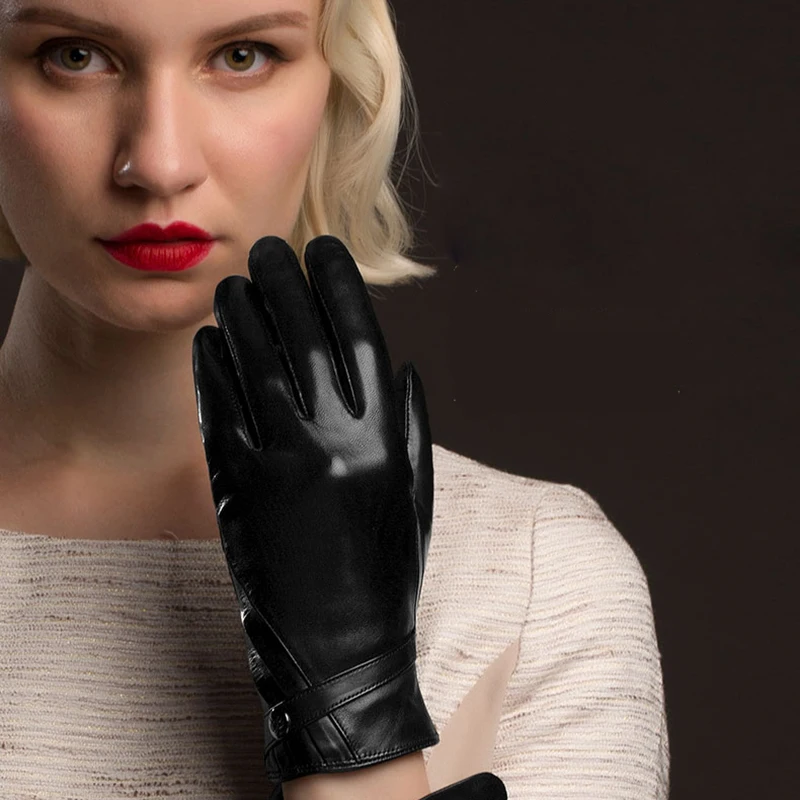 Black Genuine Leather Gloves Fashion Women Sheepskin Gloves Thermal Winter Velvet Lining Finger