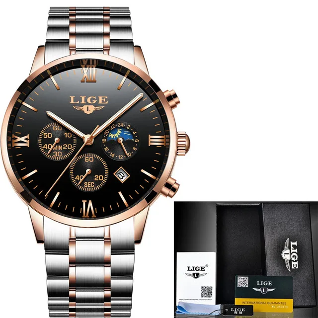 Мужские часы Топ люксовый бренд LIGE часы мужские спортивные полностью стальные часы мужские водонепроницаемые автоматические часы с хронографом и датой Relogio Masculino - Цвет: Gold black Steel
