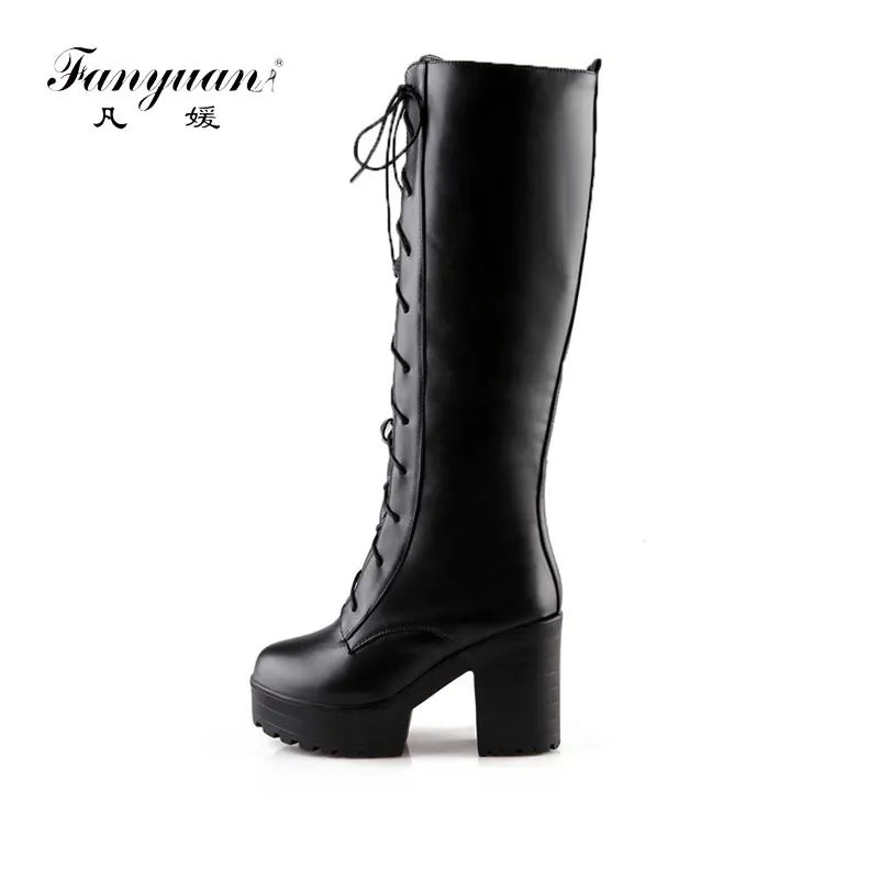

Fanyuan Knee High Boots Women Platform Boots Roman Lace Up Snow Boots Women Fashion 10CM Thick Black Heeled Boots botas mujer