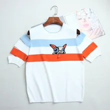 Лидер продаж года; сезон весна; короткий вязаный пуловер с круглым вырезом разных цветов в Корейском стиле с вышивкой в виде щенка; простая женская одежда