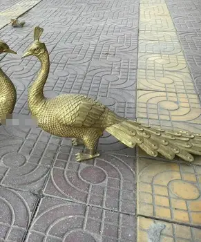 

Pair 23'' Brass copper carved auspicious animal birds phoenix peafowl peacock