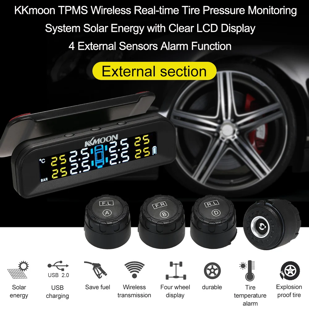 KKmoon TPMS Wireless Real-time Tire Pressure Monitoring System Solar Energy with Clear LCD Display 4 Internal Sensors Alarm