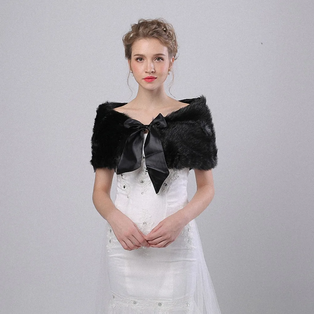 Luxury Women Faux Fur Black Off Shoulder Wrap Scarves for Wedding