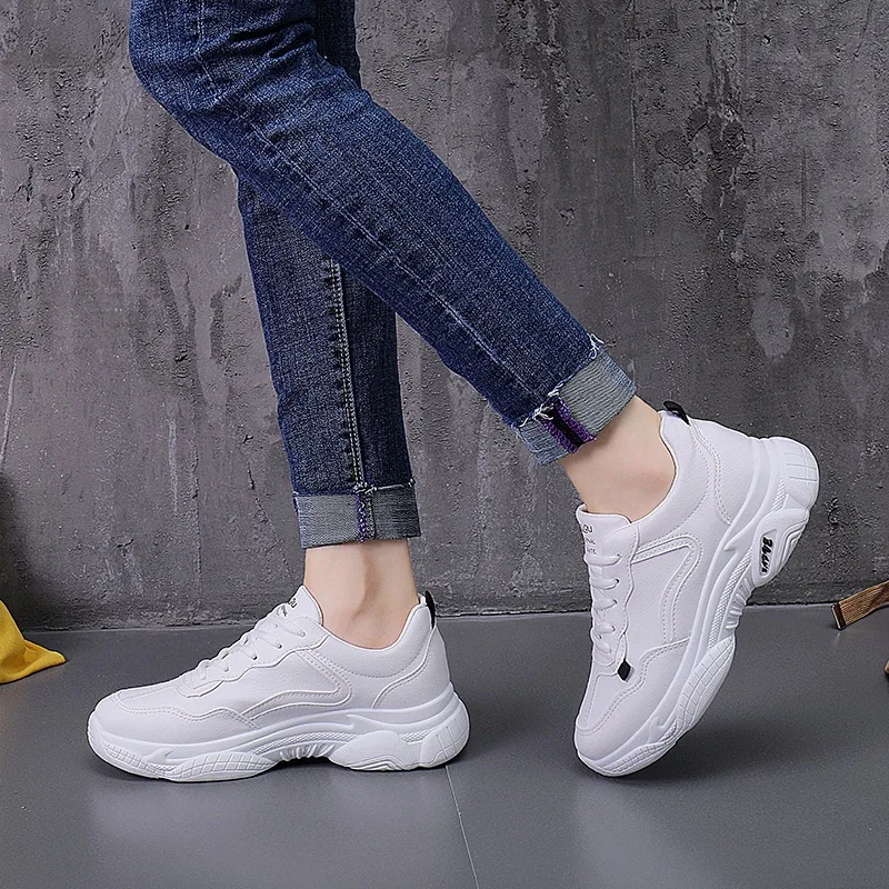 

Fisdyrax New Spring Women Sneaker Fashion Lady Casual White Shoes Leisure Thick Soled Shoes Flats Cross-tied Lace Up Soft