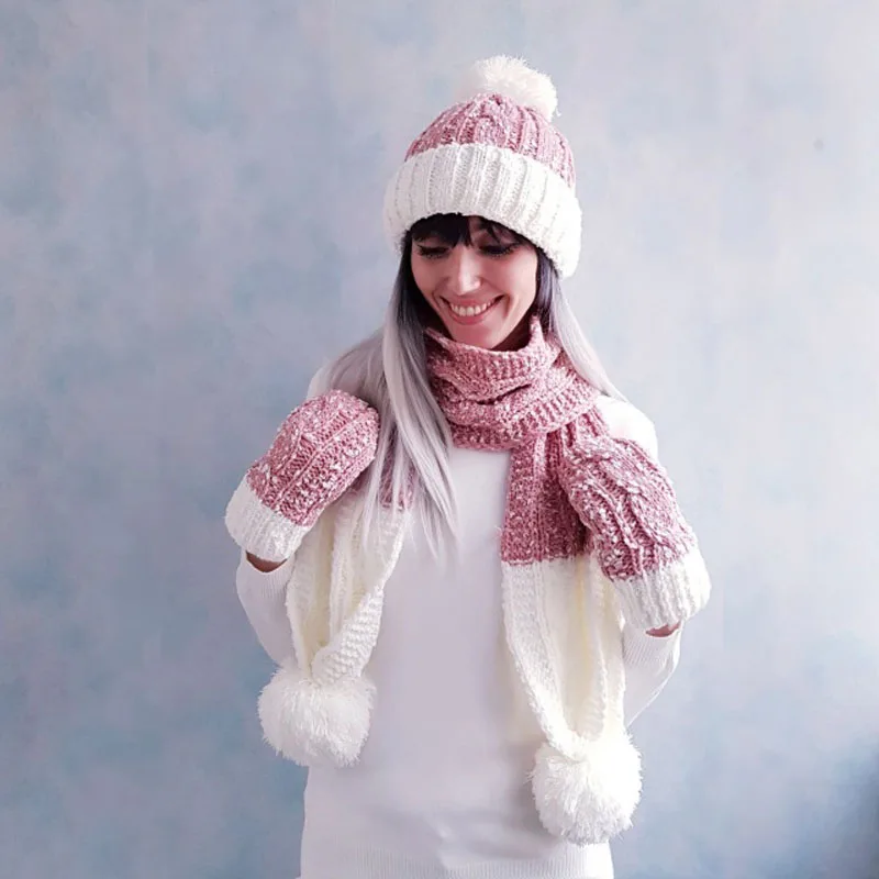 

Women Winter Warm Soft Hat Scarf Glove Set Solid Casual White Pink Pompom Beanie Hats Girls Cute Fashion Winter Accessories