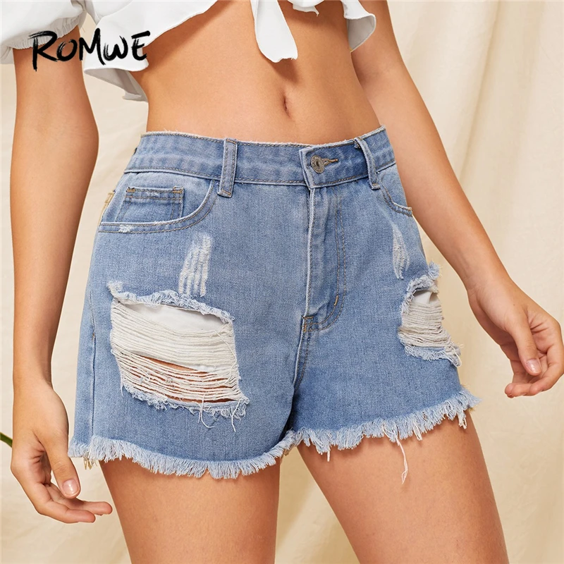 ROMWE Blue Solid Frayed Edge Ripped Pocket Denim Shorts