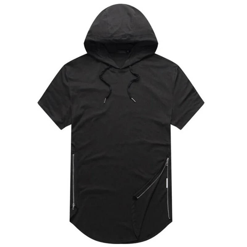 

Mens Longline Curve Hem t shirt Casual Hooded Mens Hipster Hip Hop Side Zip Short Sleeve T shirt Solid T-shirt