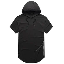 Mens Longline Curve Hem t shirt Casual Hooded Mens Hipster Hip Hop Side Zip Short Sleeve T shirt Solid T-shirt cut out longline t shirt