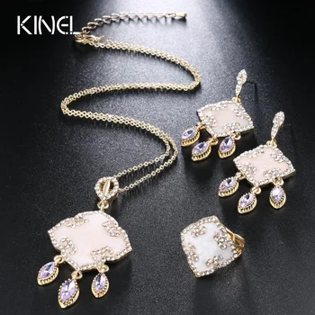 

Kinel Luxury 3Pcs India Jewelry Set Enamel Necklace And Earring Rings For Women Gold Color 2017 New Fashion Gifts