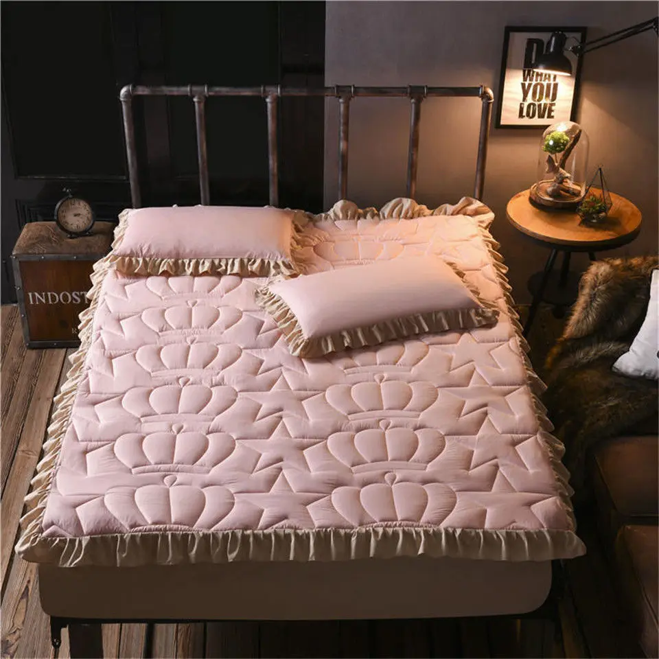 Утолщенное хлопковое покрывало, простыни для кровати, стеганые простыни с оборками, простыни для кровати, одноцветные регулируемые эластичные простыни, наматрасник - Цвет: Pink